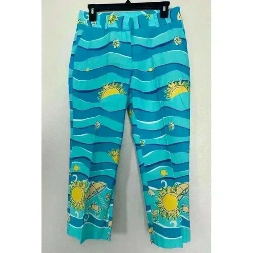 Lilly Pulitzer Beach Print Pants Womens 6 Blue Turquoise Sun Crab Crop Excellent